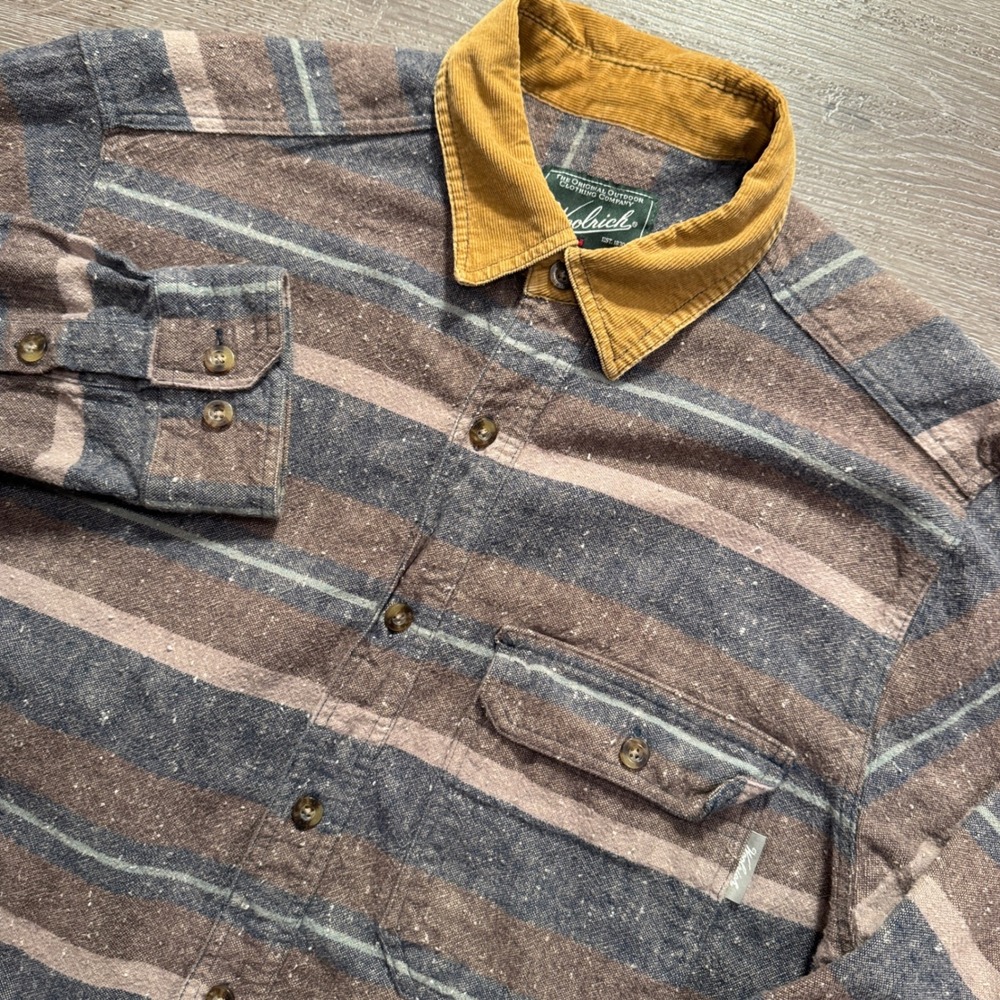 Woolrich Flannel Shirt Men M Gray Brown Striped Cotton Heavy Corduroy Collar Y2K